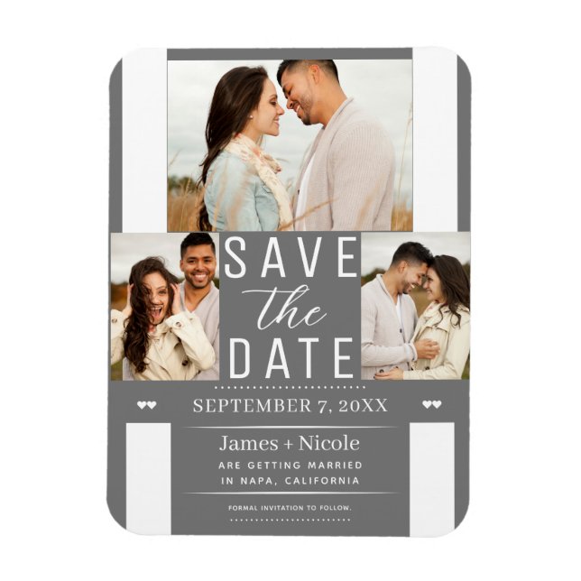 Ímã Casamento de 3 Fotos Salve a Data Branco Cinza Mod (Vertical)