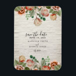 Ímã Casamento De Brick Branco Floral Salvar A Data<br><div class="desc">Um casamento salve o ímã de data apresentando uma imagem de flores e verde sobre um fundo de tijolos brancos.</div>