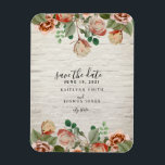 Ímã Casamento De Brick Branco Floral Salvar A Data<br><div class="desc">Um casamento salve o ímã de data apresentando uma imagem de flores e verde sobre um fundo de tijolos brancos.</div>