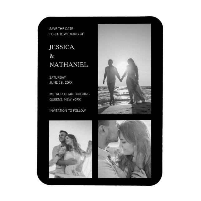 Ímã Casamento de Colagem de Fotos Negra Simples (Vertical)