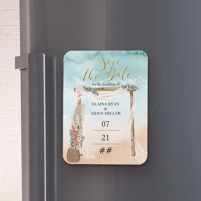 Ímã Casamento de Destino Boho Beach Arbor Save The Dat (Criador carregado)