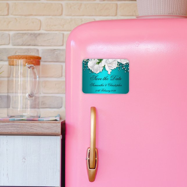 Ímã Casamento de Elegante Aqua e Rosas Brancas Salva a (Criador carregado)