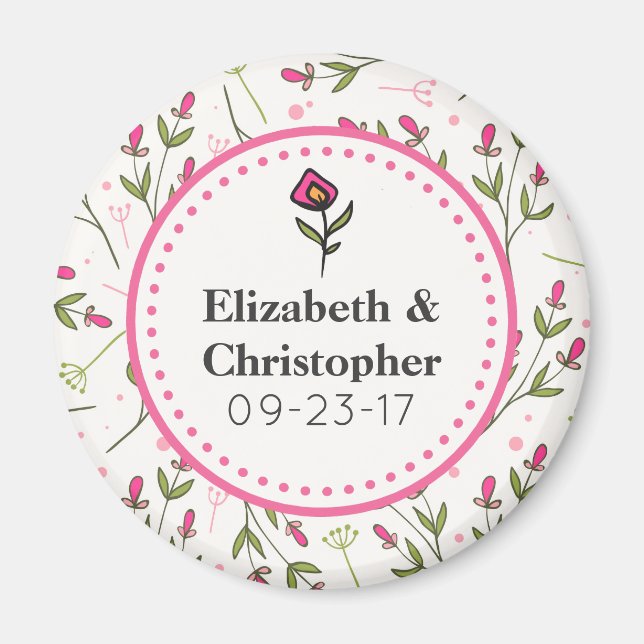 Imã Casamento de Flores Selvagens Rosa e Verde de Long (Frente)