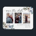 Ímã Casamento de Foto Azul Dusty Salve a Data Elegante<br><div class="desc">Casamento de foto floral azul empoeirado Elegante salvar a data do cartão magnético</div>