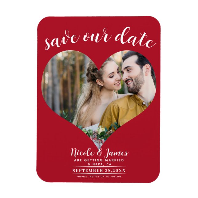 Ímã Casamento de Foto do Coração Vermelho Salve a Data (Vertical)