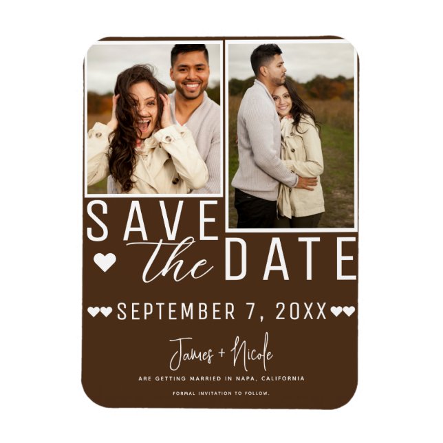 Ímã Casamento de Foto Save the Date 2 Marrom Chocolate (Vertical)