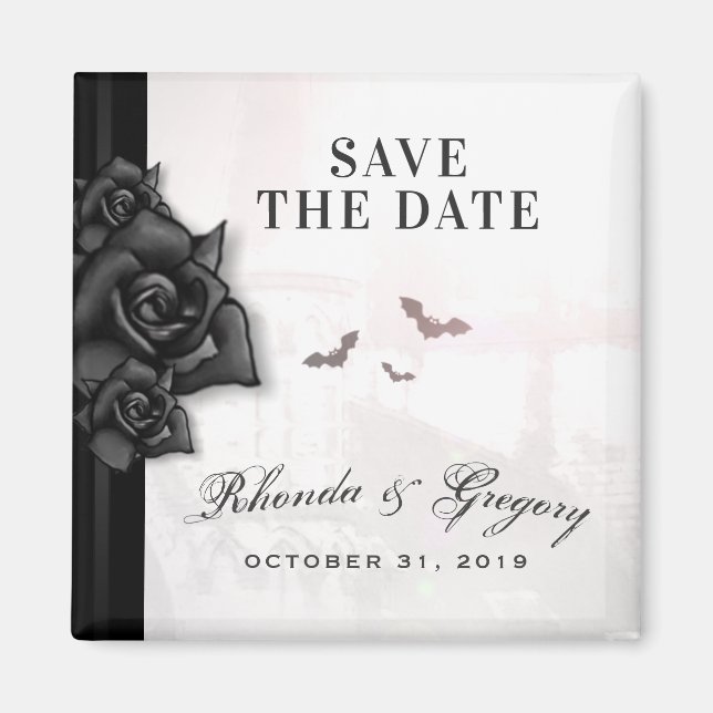 Imã Casamento de Halloween de Rosas e morcegos góticos (Frente)