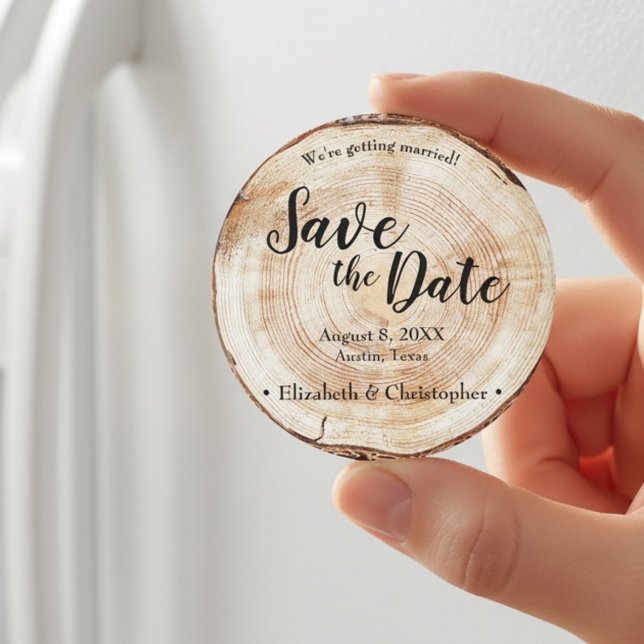 Imã Casamento de madeira rústica Salve a data Personal (Save the date rustic wedding wood cut slice print 3 inches in size template.)