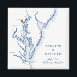 Imã Casamento de Mapa da Baía de Chesapeake em Baltimo<br><div class="desc">Encomendamento rápido e fácil! Estes magnatas do mapa de Baltimore em Maryland fazem favores de casamento de excelente Maryland para incluir nas suas bolsas de boas-vindas de casamento de destino Baltimore. Mova o coração clicando em "Editar usando a ferramenta design" em "Personalizar". Apresentando um mapa da Baía de Chesapeake com...</div>