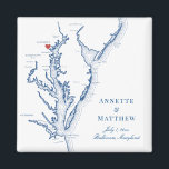 Imã Casamento de Mapa da Baía de Chesapeake em Baltimo<br><div class="desc">Encomendamento rápido e fácil! Estes magnatas do mapa de Baltimore em Maryland fazem favores de casamento de excelente Maryland para incluir nas suas bolsas de boas-vindas de casamento de destino Baltimore. Mova o coração clicando em "Editar usando a ferramenta design" em "Personalizar". Apresentando um mapa da Baía de Chesapeake com...</div>