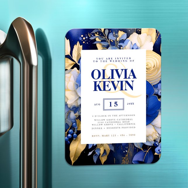 Ímã Casamento de marinho Azul e Dourado Elegante Flora (Criador carregado)