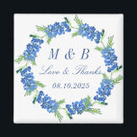 Imã Casamento de Monograma Floral de Bluebonnets Obrig<br><div class="desc">Bluebonnets,  monograma,  casamento floral azul-aquarela Obrigado magnéticos. Flores do Texas. Trabalho de arte pintada à mão pela artista Monika Howarth. Você pode personalizá-lo com seus detalhes.</div>