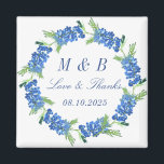 Imã Casamento de Monograma Floral de Bluebonnets Obrig<br><div class="desc">Bluebonnets,  monograma,  casamento floral azul-aquarela Obrigado magnéticos. Flores do Texas. Trabalho de arte pintada à mão pela artista Monika Howarth. Você pode personalizá-lo com seus detalhes.</div>