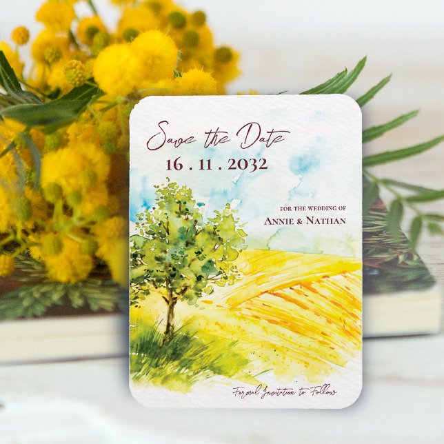 Ímã Casamento de Paisagem Amarela Chic Bright (Chic Bright Yellow Farmland Landscape Wedding Invitation Magnet)