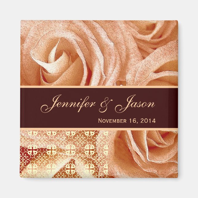 Imã Casamento de Peach e Chocolate Lace Rose Bouquet (Frente)