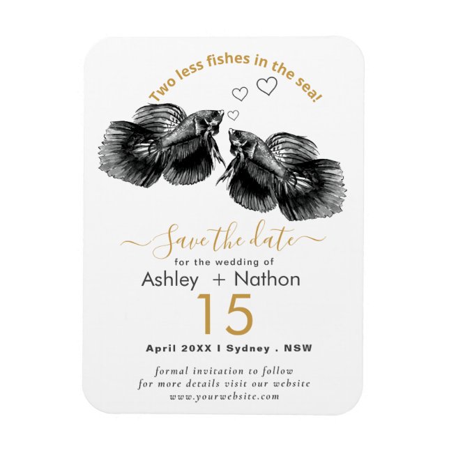 Ímã Casamento de Peixes Dourados Elegante Preto (Vertical)