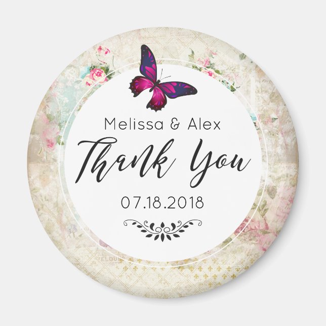 Imã Casamento de Rosas de Borboleta Rosa e Shabby Vint (Frente)