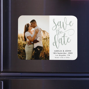 Ímã Casamento de Salvar a Data Foto Moderna Verde Sage