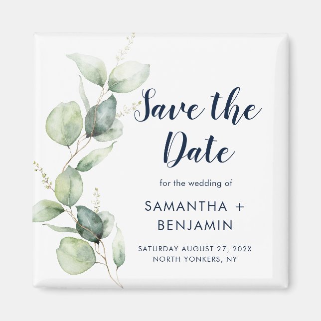 Imã Casamento de Save the Date com Vegetação em Aquare (Frente)
