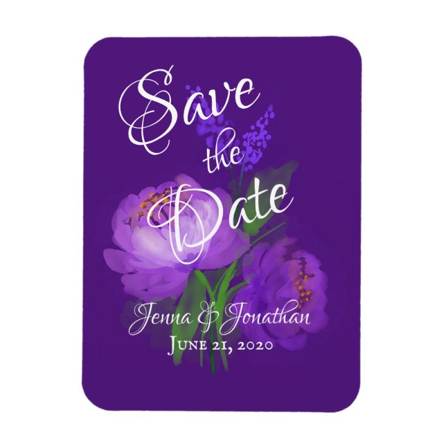 Ímã Casamento de Script Floral Roxo Elegante Salve a D (Vertical)