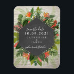 Ímã Casamento de tijolos Brancos Tropicais<br><div class="desc">Um casamento salve o ímã de data que apresenta um design botânico tropical com um design geométrico de quadro-negro sobre um fundo branco de tijolos.</div>