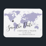 Ímã Casamento do Viagem do Mapa do Mundo lavanda Salve<br><div class="desc">MOVA FACILMENTE O CORAÇÃO NO MAPA PARA O SEU DESTINO DE CASAMENTO no mapa do mundo para criar a imã salve a data de casamento de destino que ficará incrível na geladeira. — Clique em PERSONALIZAR MAIS para mover o coração, alterar o plano de fundo e a cor do texto,...</div>