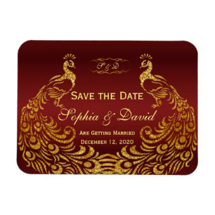 Ímã Casamento Dourado Pavão Real Burgundy SALVE A DATA