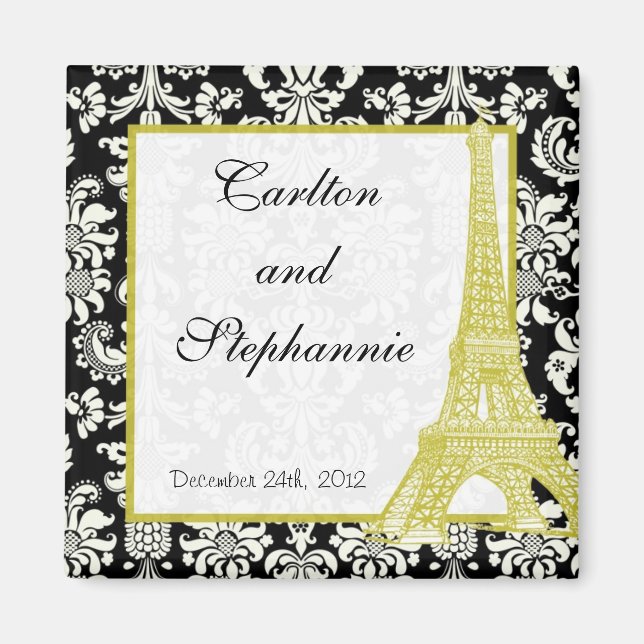 Imã Casamento em Paris Black Damask Magnet Favor (Frente)