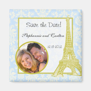 Imã Casamento em Paris Blue Damask Announement Magnet