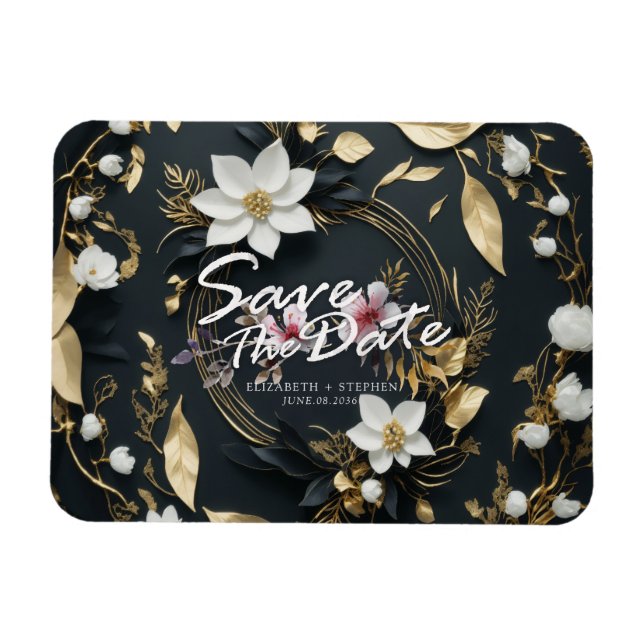 Ímã Casamento Floral Branco e Dourado, Salvar a Data (Horizontal)