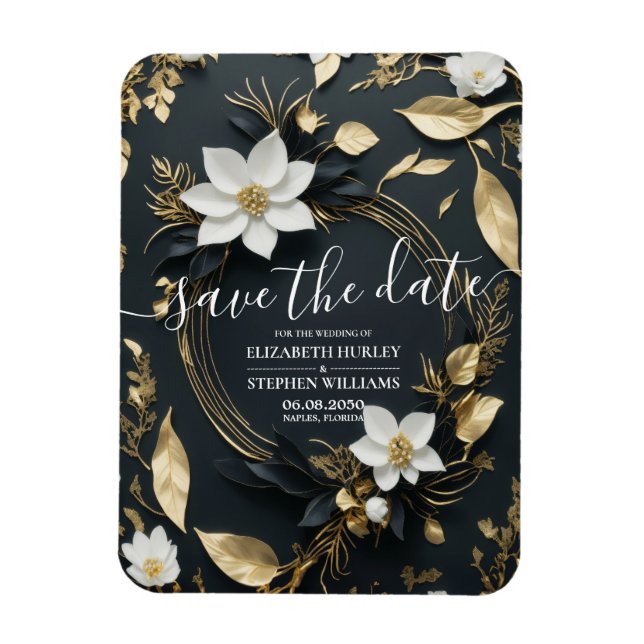 Ímã Casamento Floral Branco e Dourado, Salvar a Data (Vertical)