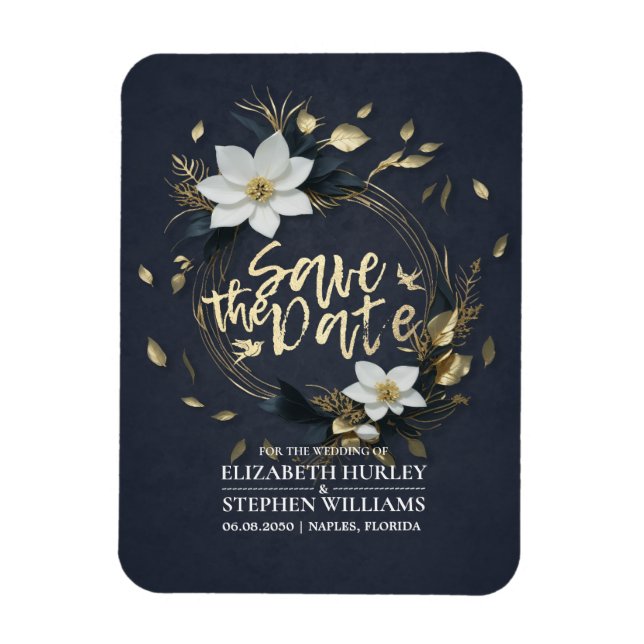 Ímã Casamento Floral Branco e Dourado, Salvar a Data (Vertical)