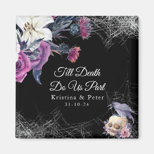 Imã Casamento Floral Esqueleto Gótico Roxo Preto Elega