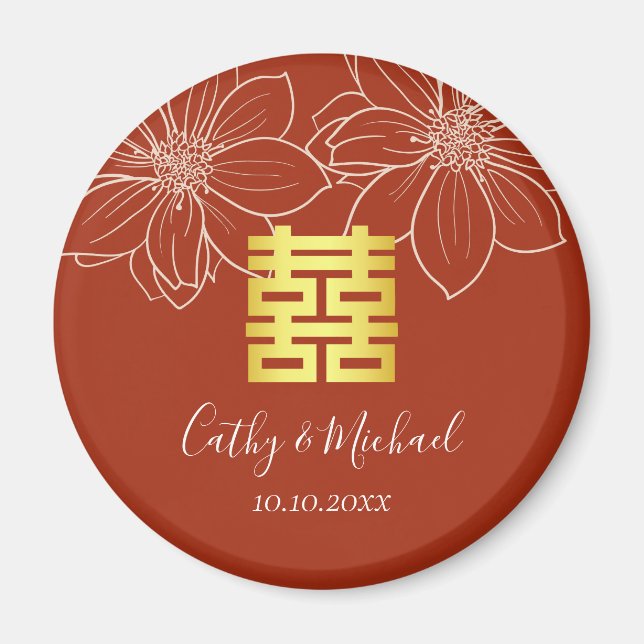 Imã Casamento floral moderno vermelho boho chinês (Frente)