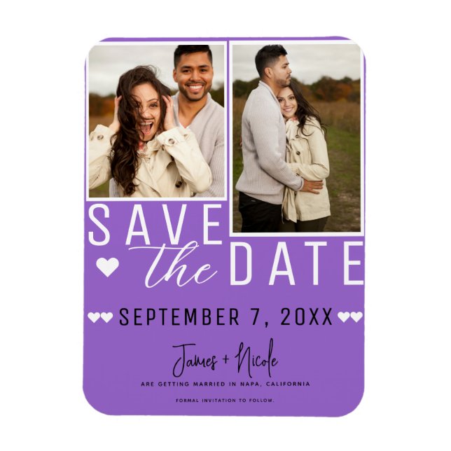 Ímã Casamento Foto 2 Save the Date Roxo Moderno (Vertical)