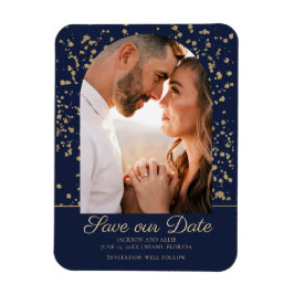 Ímã Casamento Foto Arco Dourado Brilho Azul Marinho