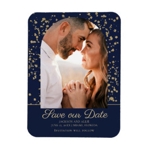 Ímã Casamento Foto Arco Dourado Brilho Azul Marinho