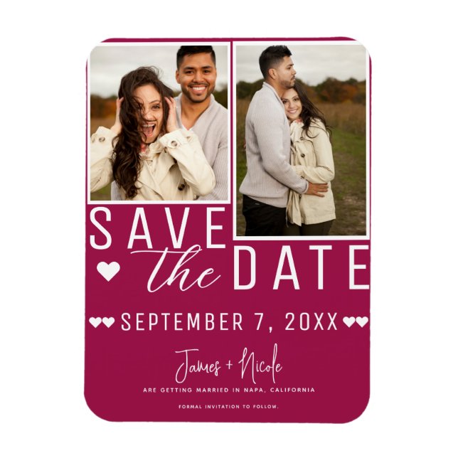 Ímã Casamento Foto Save the Date 2 Raspberry Moderno (Vertical)