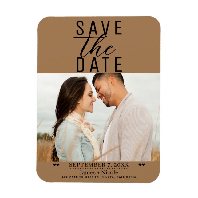 Ímã Casamento Foto Save the Date Marrom Moderno (Vertical)