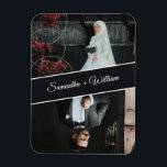 Ímã Casamento Fotográfico Elegante E Moderno Personali<br><div class="desc">Celebre o amor com este elegante ímã personalizado de casamento, com duas fotos personalizadas da noiva e do noivo com seus nomes mostrados em uma faixa diagonal de na moda. Um design moderno e eterno, perfeito para favores de casamento, salvar as datas, ou como um presente de guarda para a...</div>