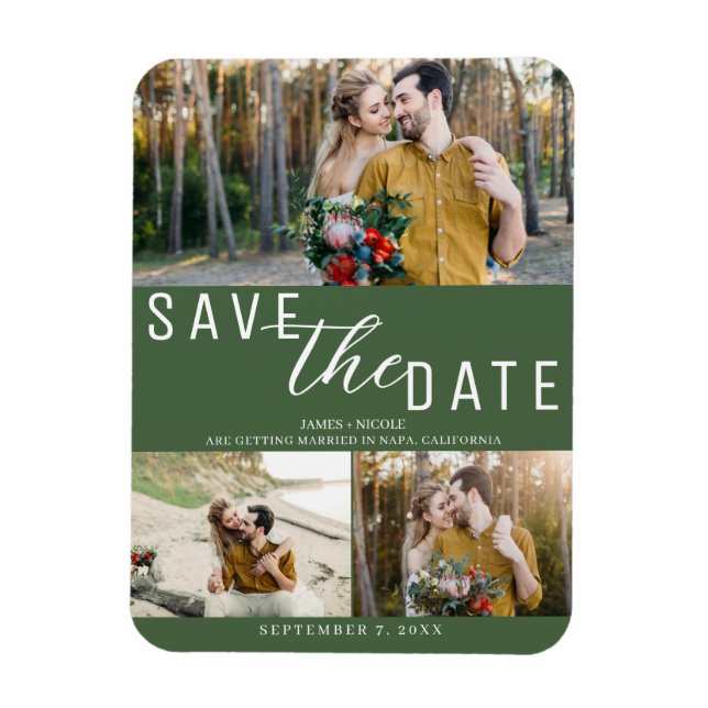 Ímã Casamento Green Save the Date 3 Fotos (Vertical)