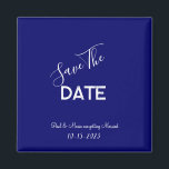 Imã Casamento Minimalista Azul e Branco Salvar a Data<br><div class="desc">.: Casamento minimalista guarde a data com um belo fundo azul indigo e uma fonte branca contrastante .: Completamente personalizável- altere o texto,  a fonte,  o tamanho da fonte e a cor da fonte. .: Coordenando itens disponíveis.: Design disponível em outras cores também.</div>