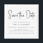 Imã Casamento minimalista moderno Salve a data<br><div class="desc">Uma simples imã salve a data moderna. Personalize este design preto e branco minimalista para ter seus detalhes pessoais e sua mensagem. Apresenta tipografia de caligrafia de script e fundo de imagem de faux glitter.</div>