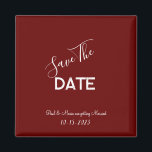 Imã Casamento Minimalista Vermelho e Branco Salvar a D<br><div class="desc">.: Casamento minimalista guarde a data com um belo fundo vermelho marrom e uma fonte branca contrastante .: Completamente personalizável- mude o texto,  a fonte,  o tamanho da fonte e a cor da fonte. .: Coordenando itens disponíveis.: Design disponível em outras cores também.</div>