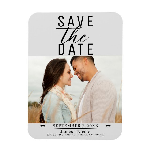 Ímã Casamento Moderno Cinza Claro Foto de Salvar a Dat (Vertical)