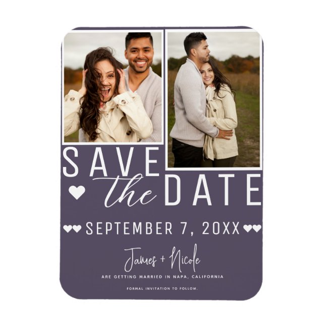 Ímã Casamento Moderno com Foto Save the Date 2 Roxo Em (Vertical)