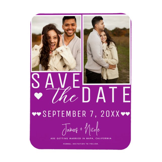 Ímã Casamento Moderno com Fotos Save the Date 2 Fuchsi (Vertical)