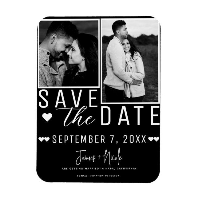 Ímã Casamento Moderno Preto e Branco Save the Date 2 F (Vertical)