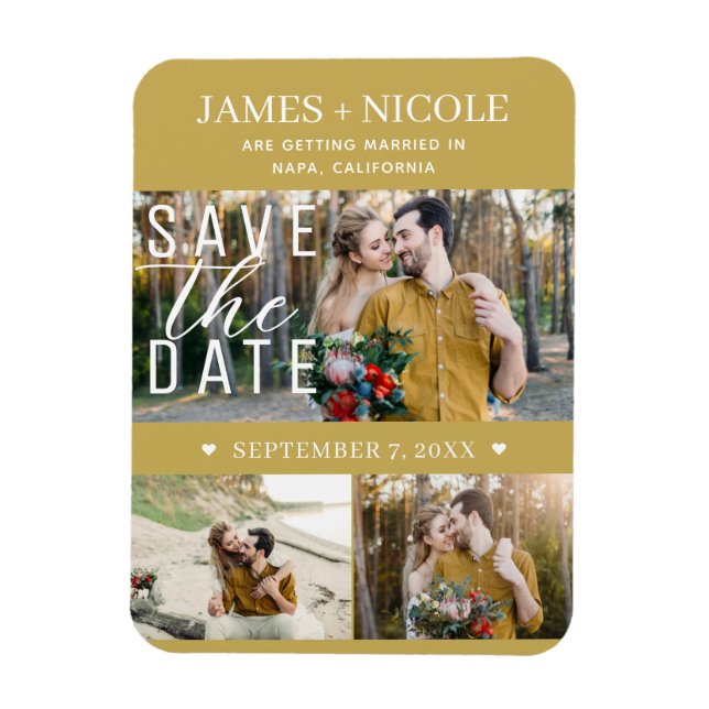 Ímã Casamento Moderno Save the Date com 3 Fotos Dourad (Vertical)
