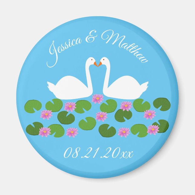 Imã Casamento Personalizado de Cisnes Brancas e Lírios (Frente)
